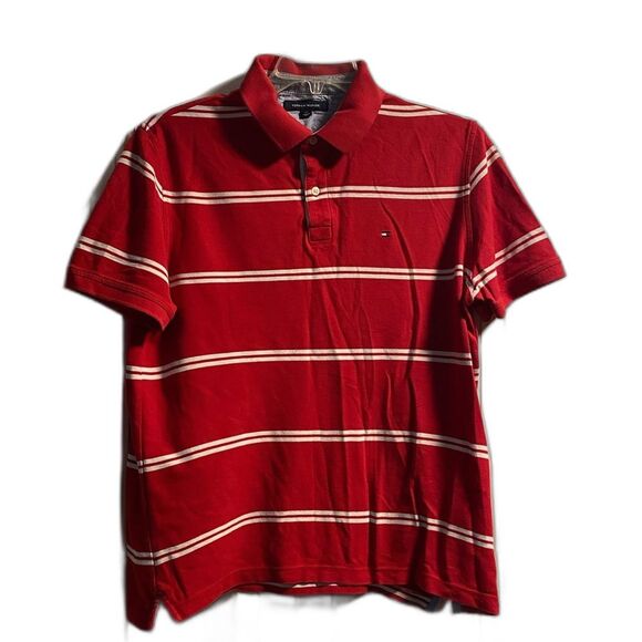 Tommy Hilfiger Polo Shirt Mens Size Large Red White Stripe Short Sleeve Preppy - Picture 1 of 4